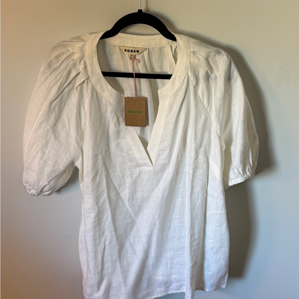 Boden White Linen V-Neck Top with Puff Sleeve Detail NWT
